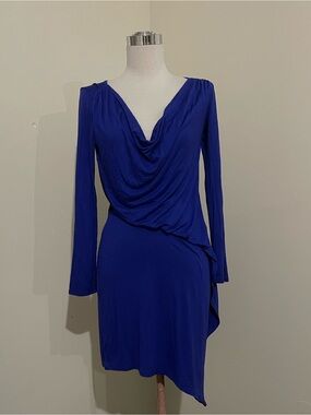 Cobalt Blue Long-Sleeve Draped V-Neck Cocktail Dress